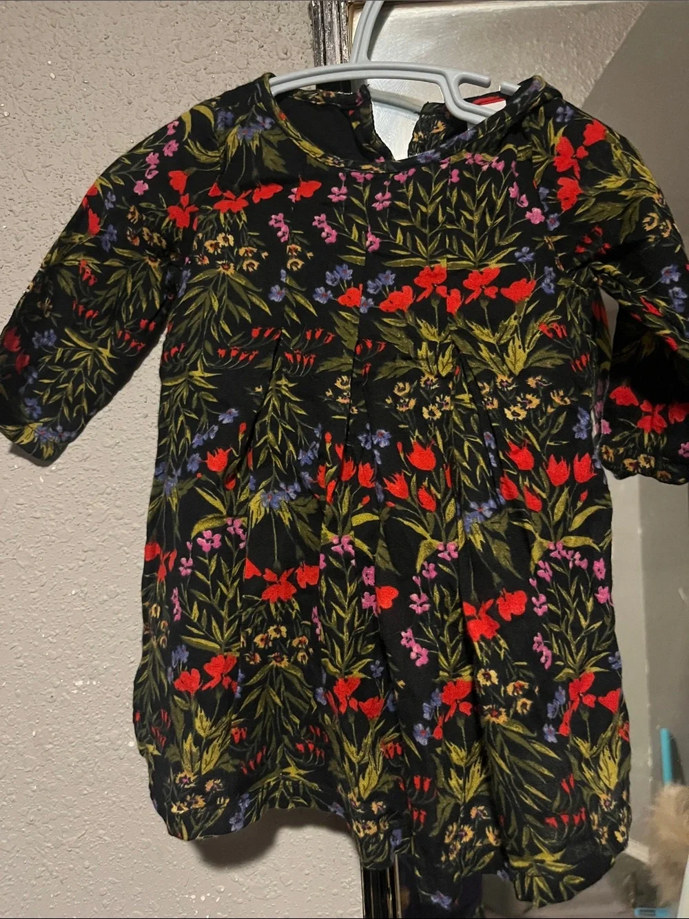 Old Navy Black Floral Long-Sleeve Dress with Red, Pink & Green Print